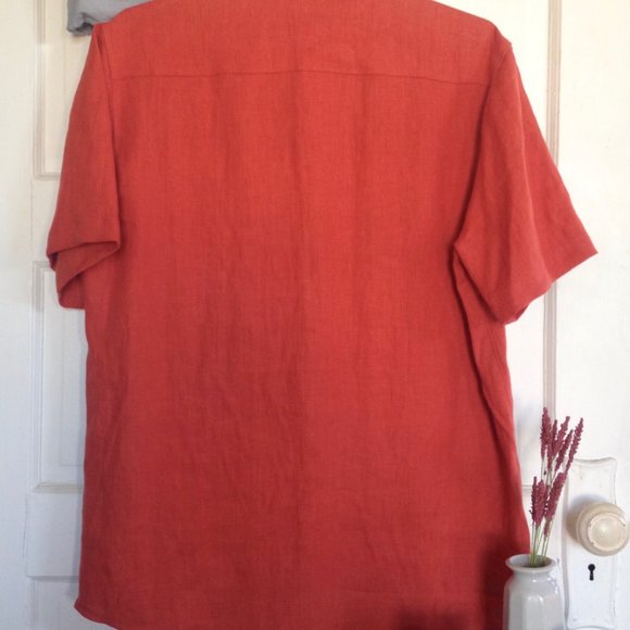 Handmade Bright Red-Orange High Quality Linen Short Sleeved Button-up, Medium - Picture 5 of 8